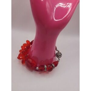 Red Faceted Bead Cluster Bracelet Clear Rhinestone Magnetic Clasp Statement